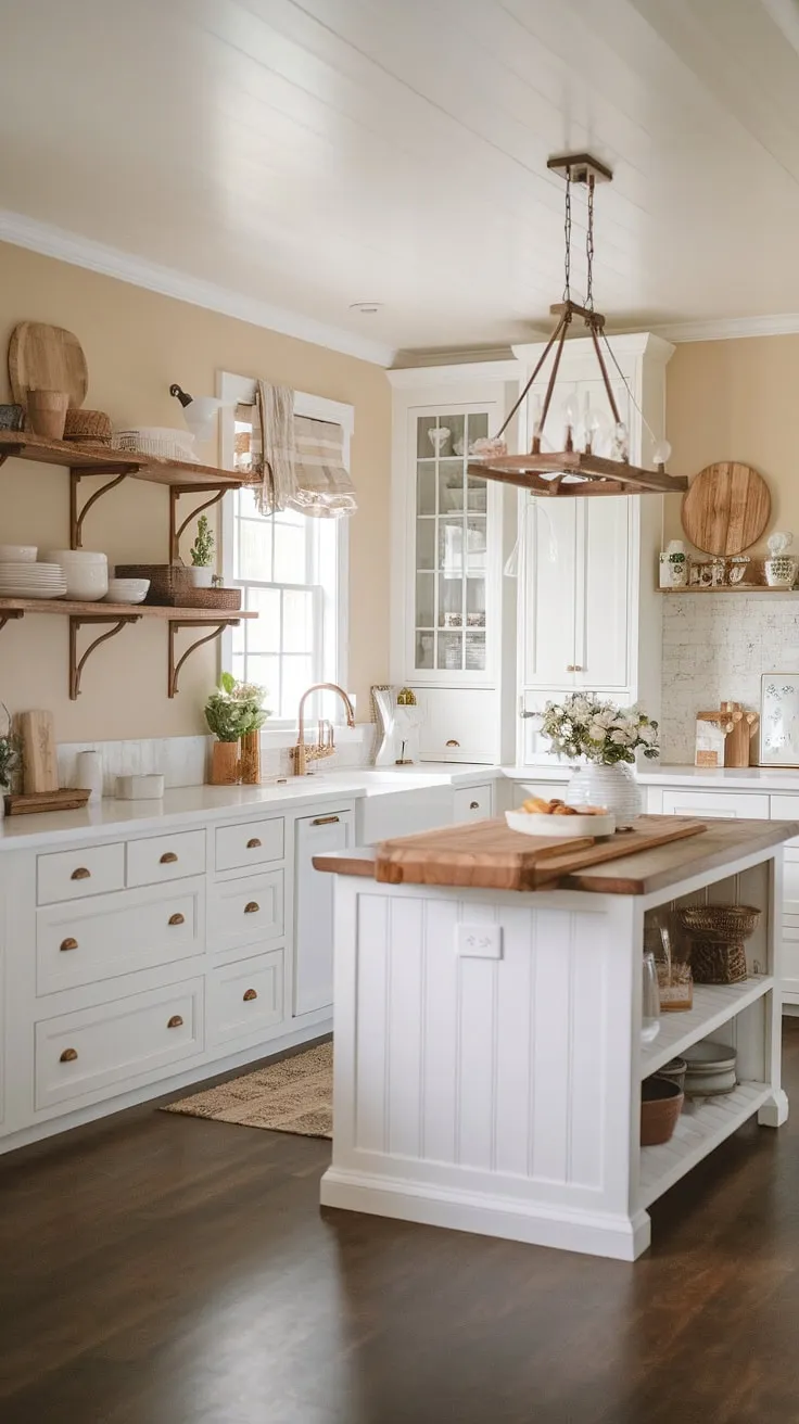 This modern farmhouse kitchen is a sanctuary of style and functionality. The rich wood floors and island contrast beautifully with the crisp white cabinets, creating a space that's both elegant and effortlessly cozy. A true testament to timeless design.