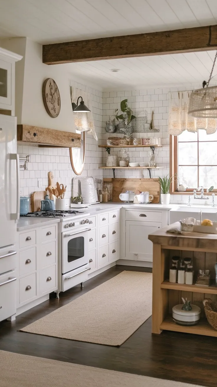 This farmhouse kitchen is the epitome of cozy comfort; the white cabinets, wood accents, and rustic charm create a space where memories are made. A perfect blend of modern and country style, it's a place where family gathers and delicious meals are prepared. A true haven.