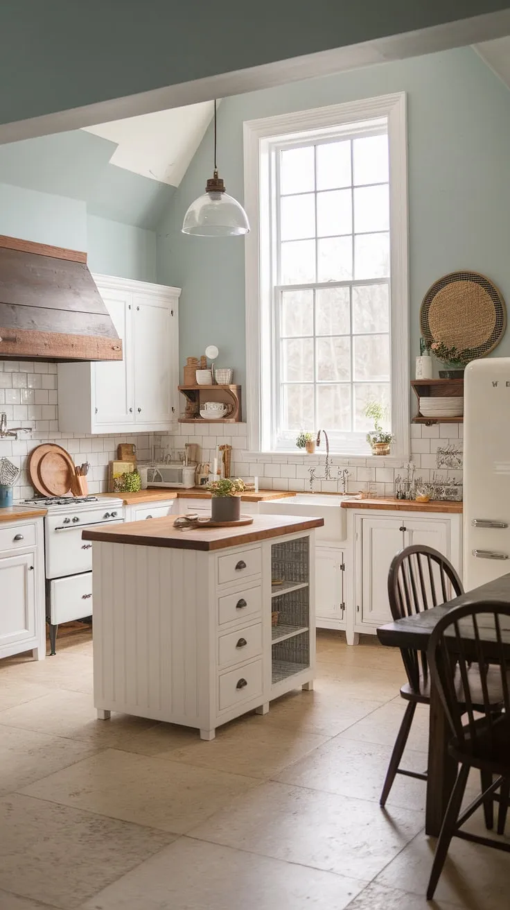 This light blue-walled kitchen is the epitome of modern country charm. The blend of white cabinetry, wood details, and a spacious island creates a functional and aesthetically pleasing space. A perfect blend of rustic and refined, it's a kitchen designed for comfort and effortless style.