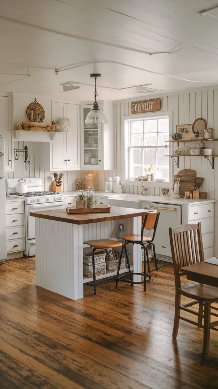 Sunlight streams into this idyllic farmhouse kitchen, illuminating the gleaming white cabinets and rich wood floors. A perfect blend of modern functionality and country aesthetics, this space is a haven of warmth and A cozy retreat for culinary adventures.
