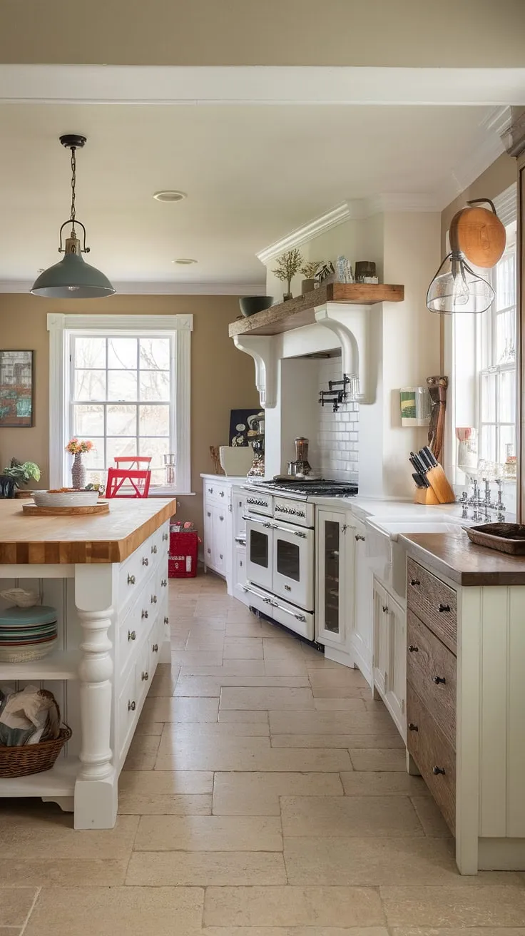Warmth, functionality, and style seamlessly blend in this farmhouse kitchen. The butcher block island, a focal point of the space, offers ample prep area, while the white cabinetry and wood accents create a bright and airy atmosphere. A pop of red adds a playful touch.