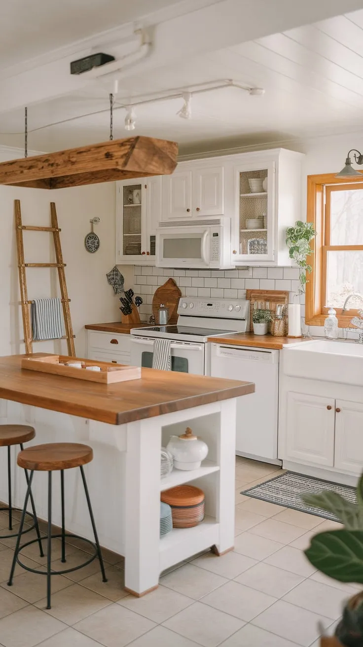 Warmth, comfort, and the scent of home-baked goods fill this charming farmhouse kitchen. The white cabinets, wood accents, and ample island create a space perfect for gathering and creating lasting memories. A touch of greenery adds life to this inviting haven.