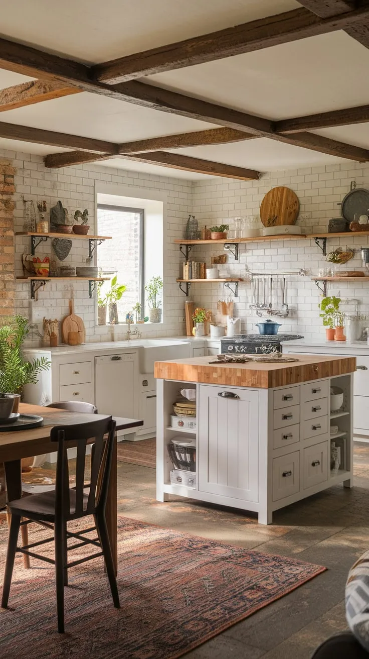 This modern farmhouse kitchen seamlessly blends rustic charm with contemporary style. The exposed beams and brick walls create a warm, inviting atmosphere, while the white cabinets and butcher block island offer a clean, functional space. A perfect blend of textures and tones makes this the heart of the home.