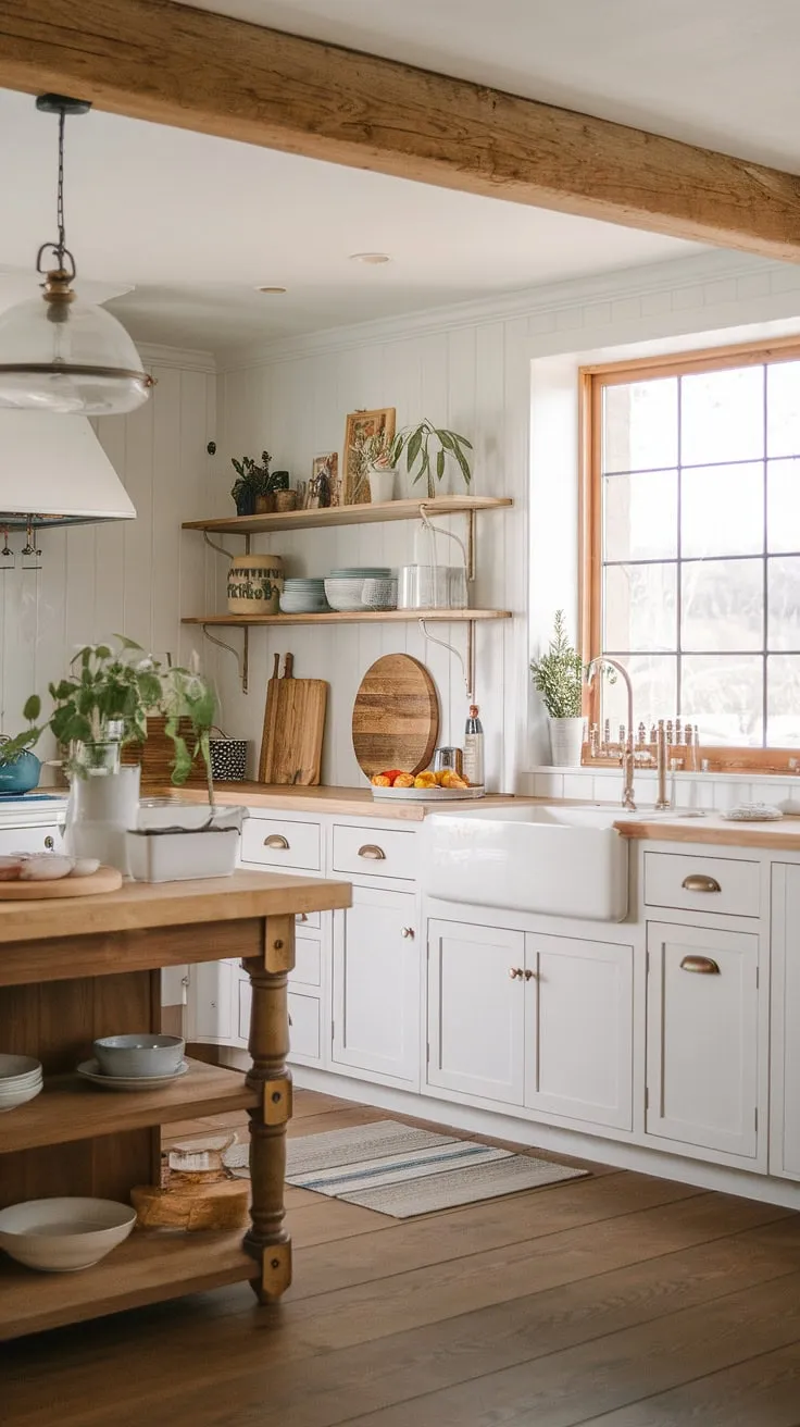 Sunlight streams through the simple window, illuminating the heart of this home: a kitchen where modern design meets rustic charm. White cabinets, wood accents, and a farmhouse island create a space that's both cozy and inviting, a perfect blend of old and new. A touch of vintage adds personality, while the natural light and greenery bring the outdoors in.