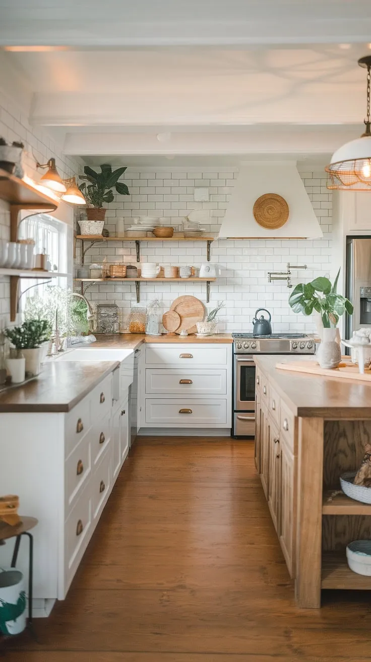 Warmth, functionality, and style collide in this budget-friendly farmhouse kitchen. The white cabinets, wood accents, and ample island create a space that's both inviting and efficient, proving that a beautiful kitchen doesn't have to break the bank. A testament to thoughtful design and smart choices, this kitchen is a dream come true.