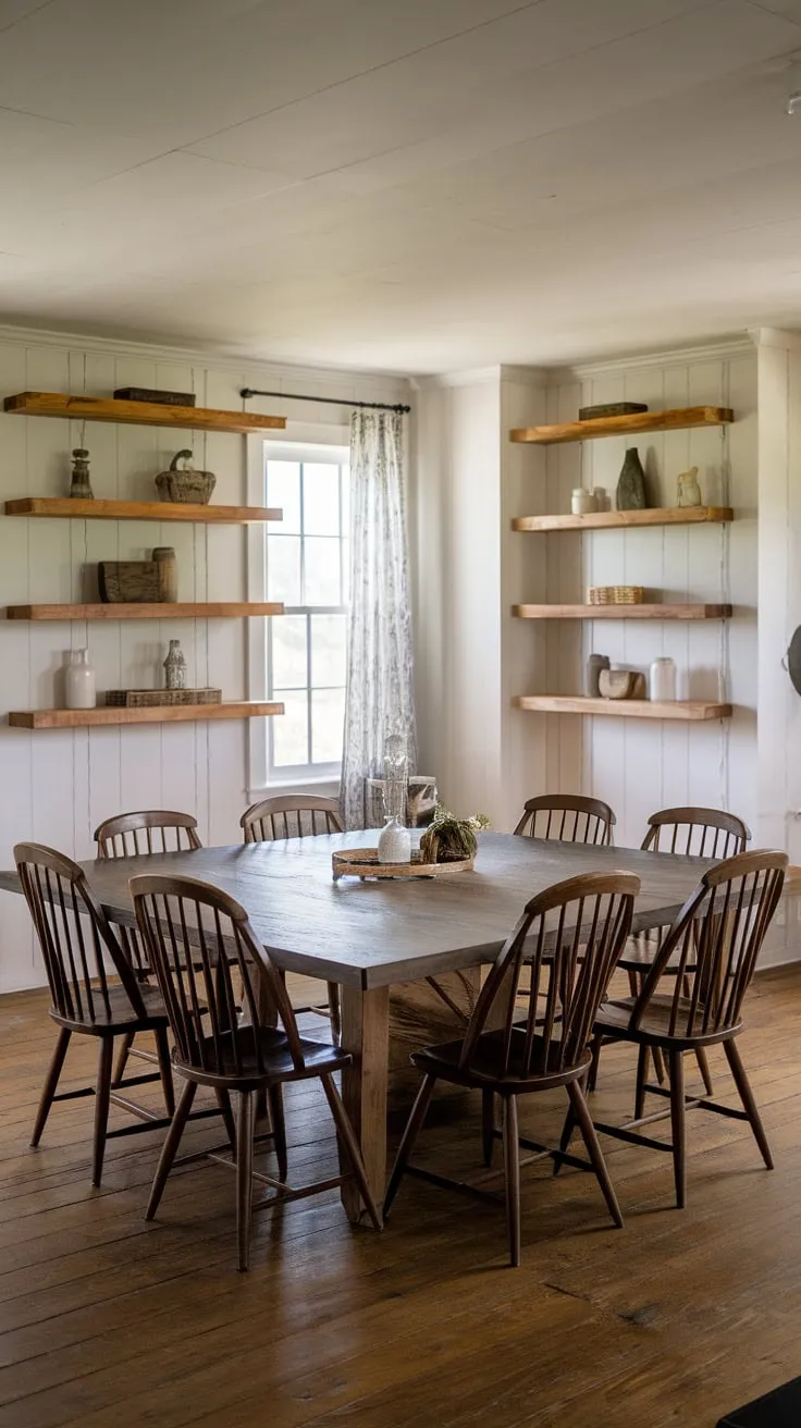 Warm wood tones and charming details create a welcoming farmhouse dining room centered around a large wooden table.
