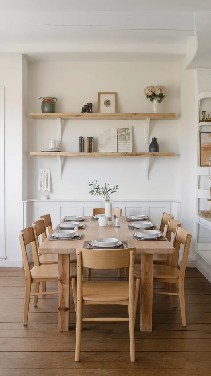 A spacious Scandinavian farmhouse dining room features a large wooden table, ready for a ten-person gathering.