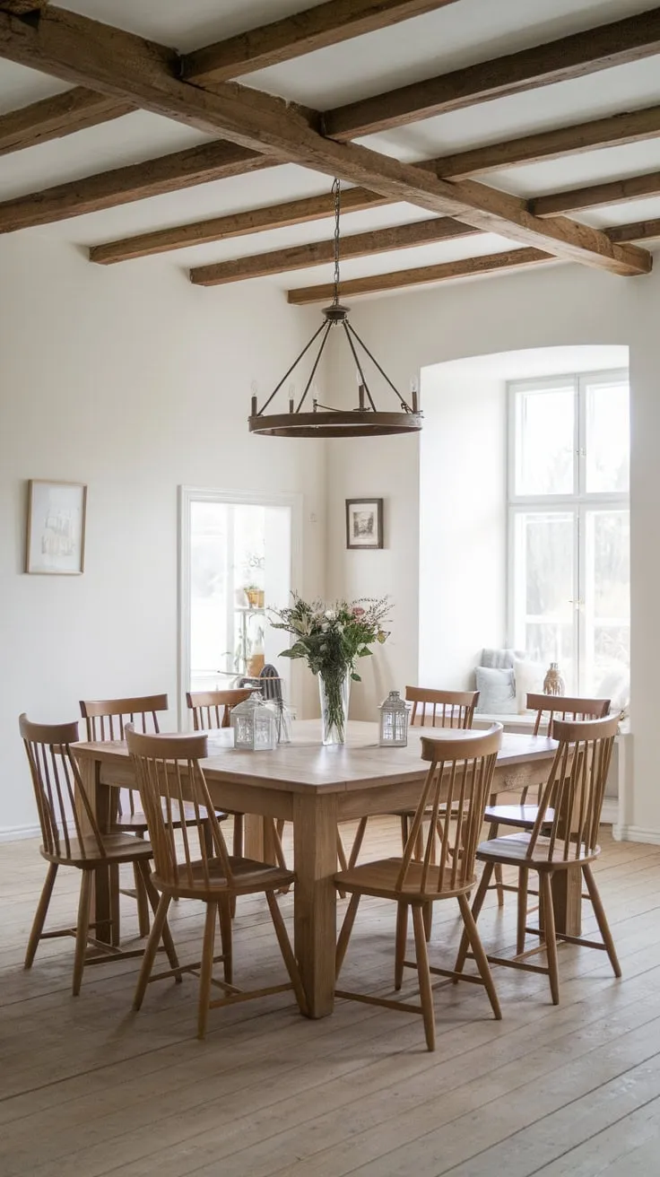A spacious Scandinavian farmhouse dining room boasts a large wooden table, perfect for ten, bathed in natural light and accented by charming vintage details.