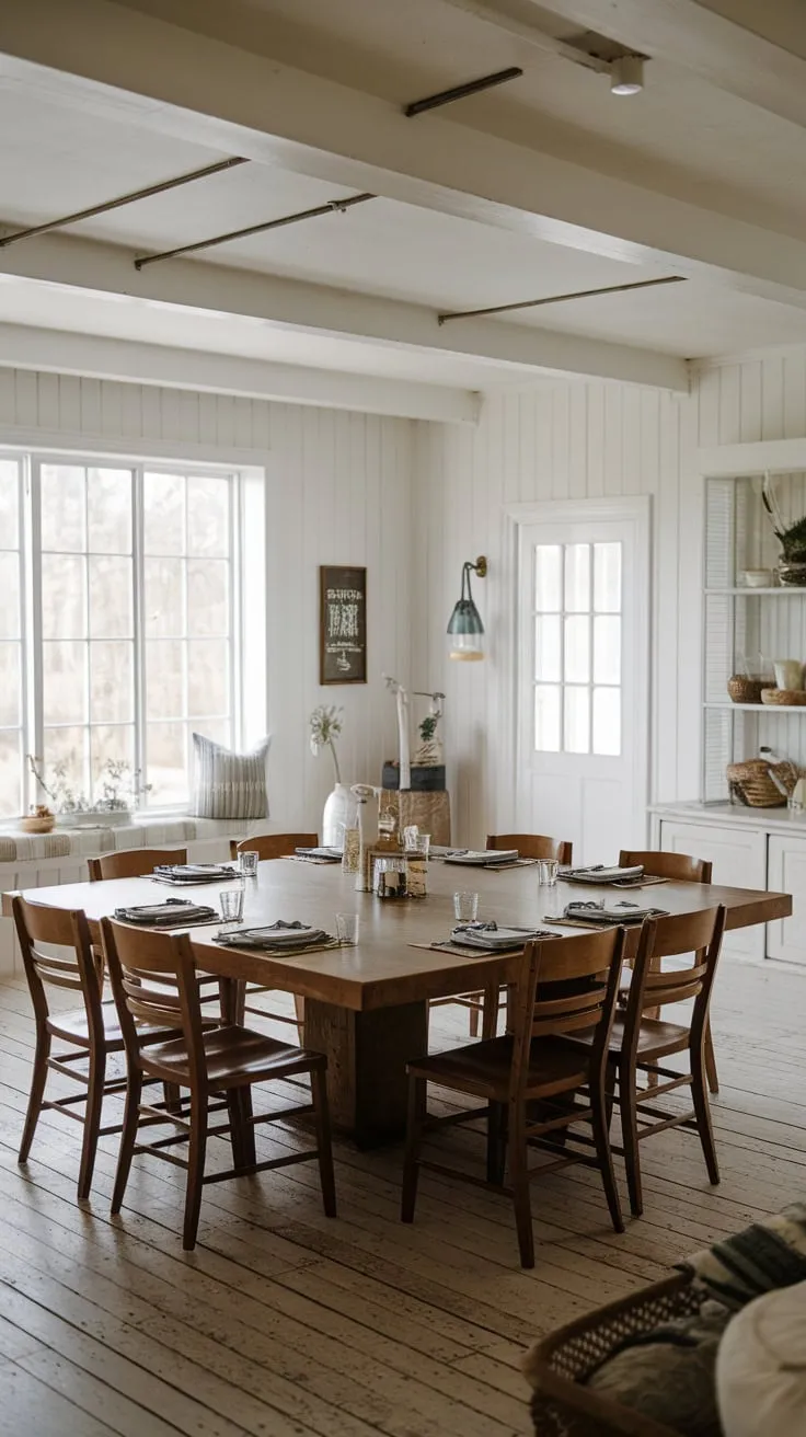 Warm wood and white walls create a charming farmhouse dining space perfect for family feasts around a spacious wooden table.
