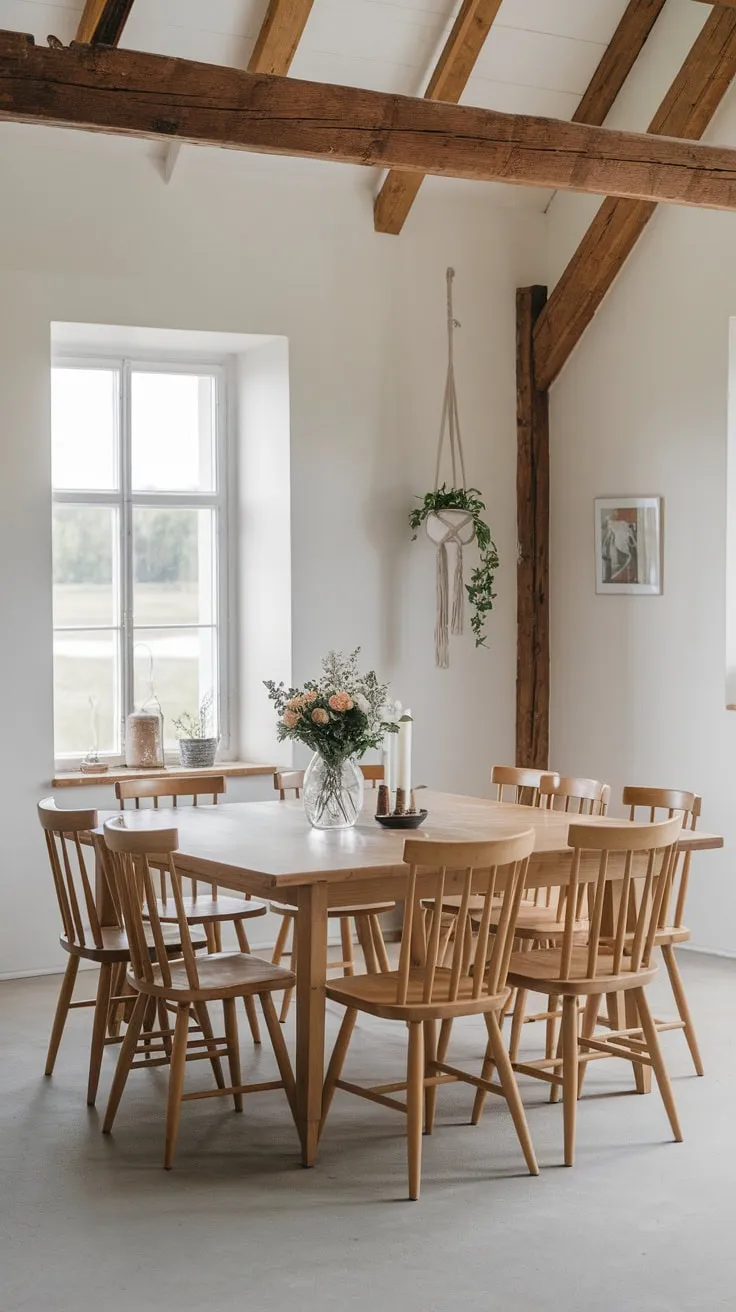 A spacious Scandinavian farmhouse dining room, bathed in natural light, features a large wooden table perfect for ten, overlooking a tranquil view.
