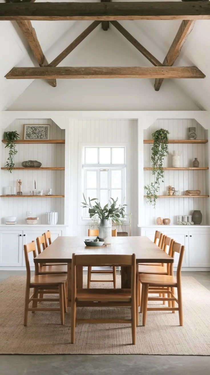 A spacious Scandinavian farmhouse dining room boasts a large wooden table under exposed beams and surrounded by charming details.