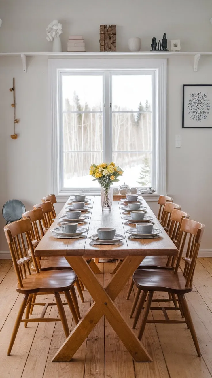 A snowy landscape frames a warm, inviting farmhouse dining room perfect for gatherings.
