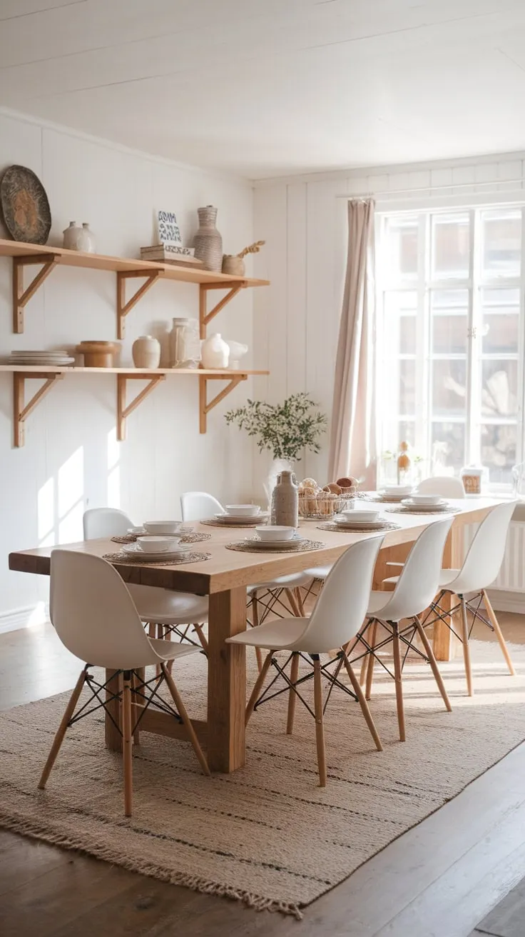 Natural light floods a Scandinavian farmhouse dining room, highlighting a large wooden table surrounded by white chairs and charming wooden accents.
