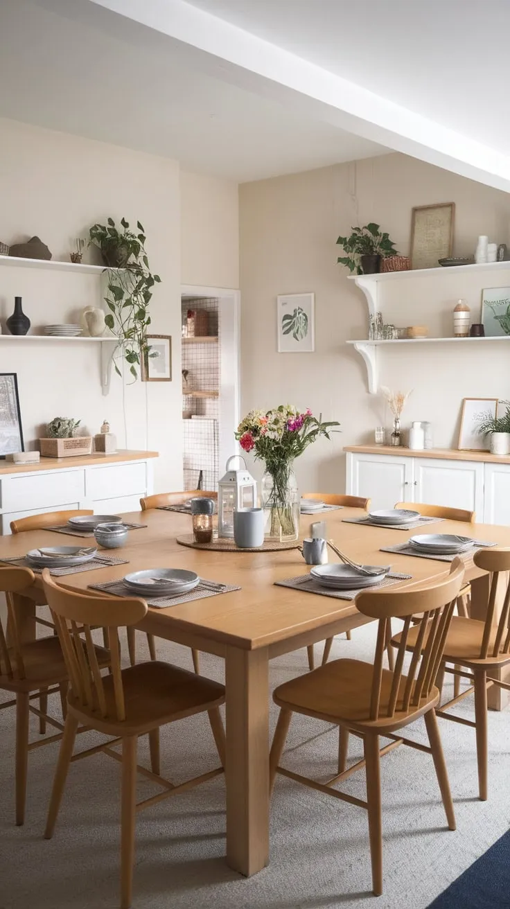 A spacious Scandinavian farmhouse dining room features a large wooden table set for ten, adorned with flowers and surrounded by charming details.