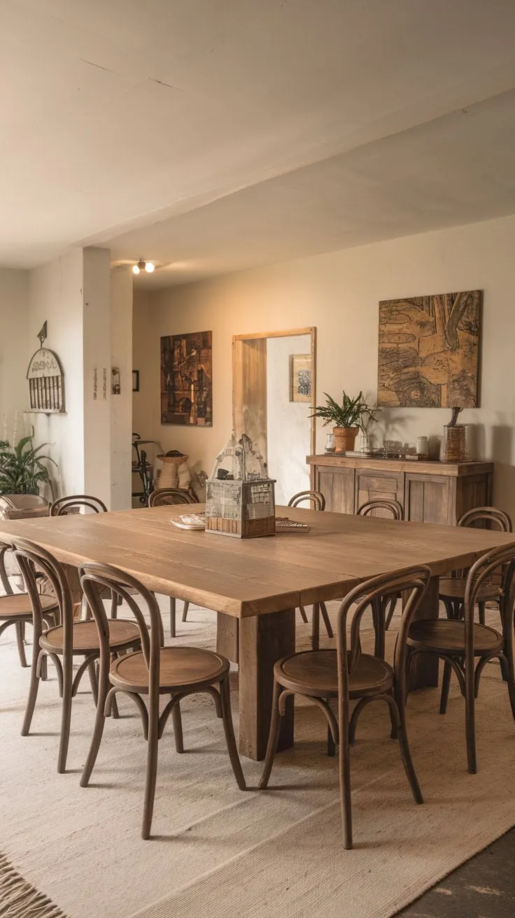 Warm lighting illuminates a spacious farmhouse dining room, where a large wooden table anchors the scene amidst white walls, comfortable chairs, and charming accents.
