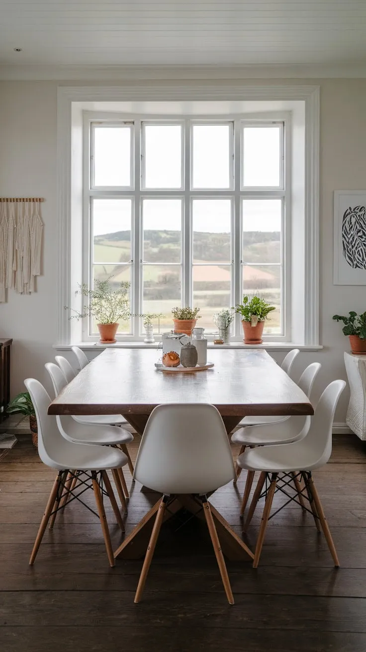 Ten white chairs surround a large wooden farmhouse table overlooking a scenic countryside view through a bright window.