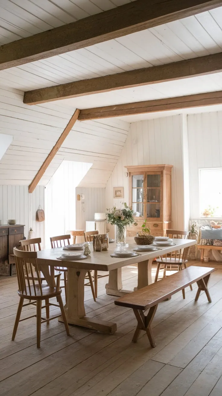 A spacious Scandinavian farmhouse dining room, warmed by wooden beams and a large table seating ten, offers a cozy and inviting atmosphere.