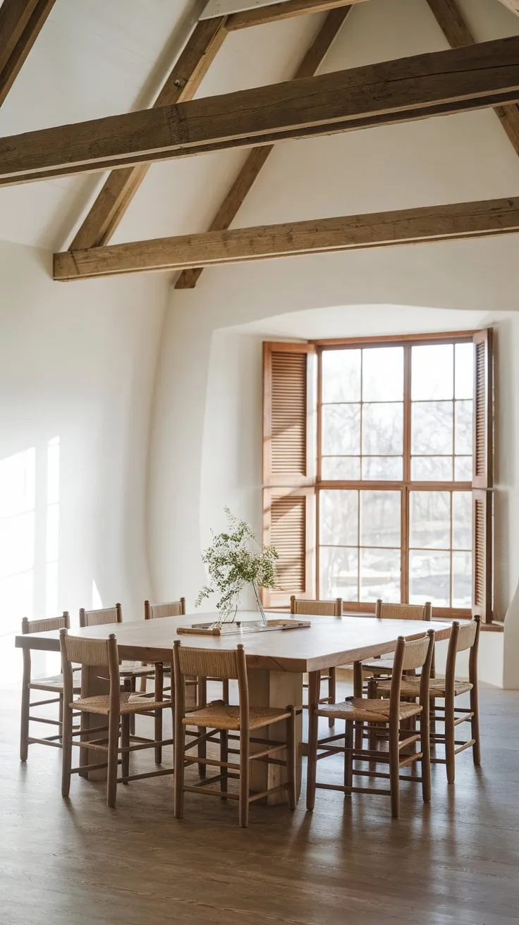 Warm wood floors and woven chairs complete the inviting farmhouse dining room centered around a substantial ten-person table.