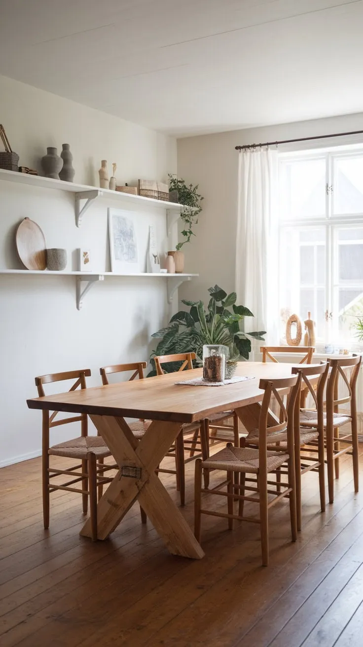 Ten-seater wooden table, white walls, woven chairs, and natural light define this charming Scandinavian farmhouse dining room.