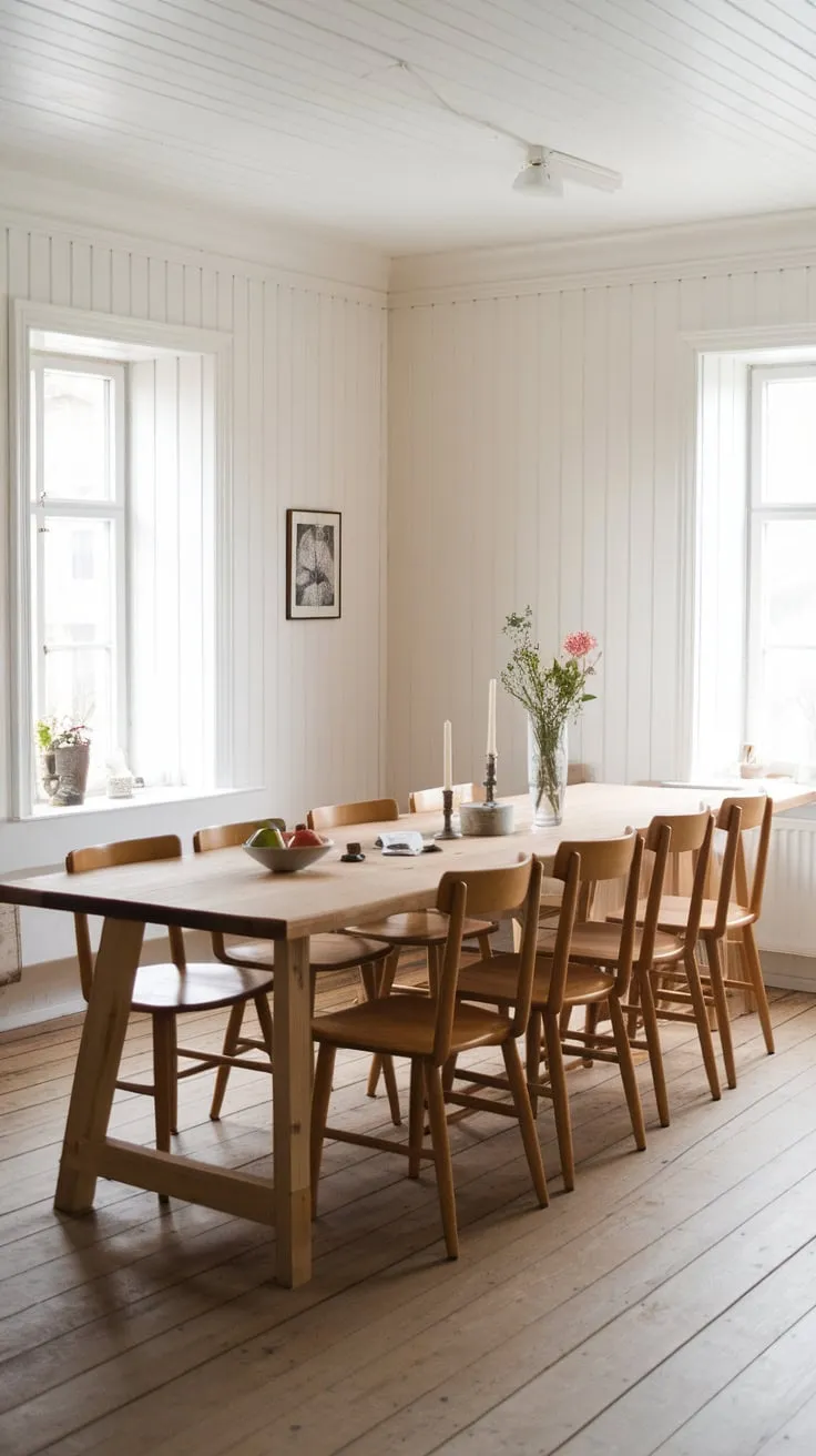 Sunlight streams into a cozy Scandinavian farmhouse dining room, illuminating a large wooden table set for ten.