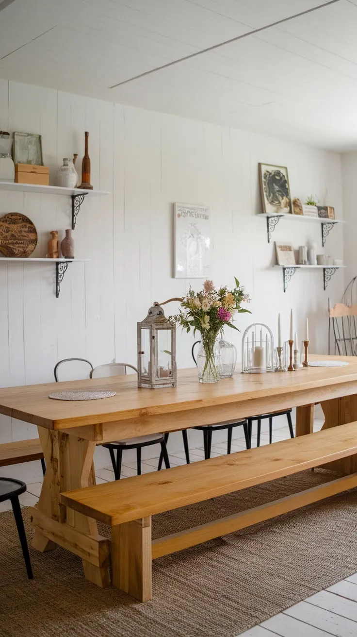A spacious Scandinavian farmhouse dining room boasts a large wooden table, perfect for ten, adorned with simple yet elegant décor.