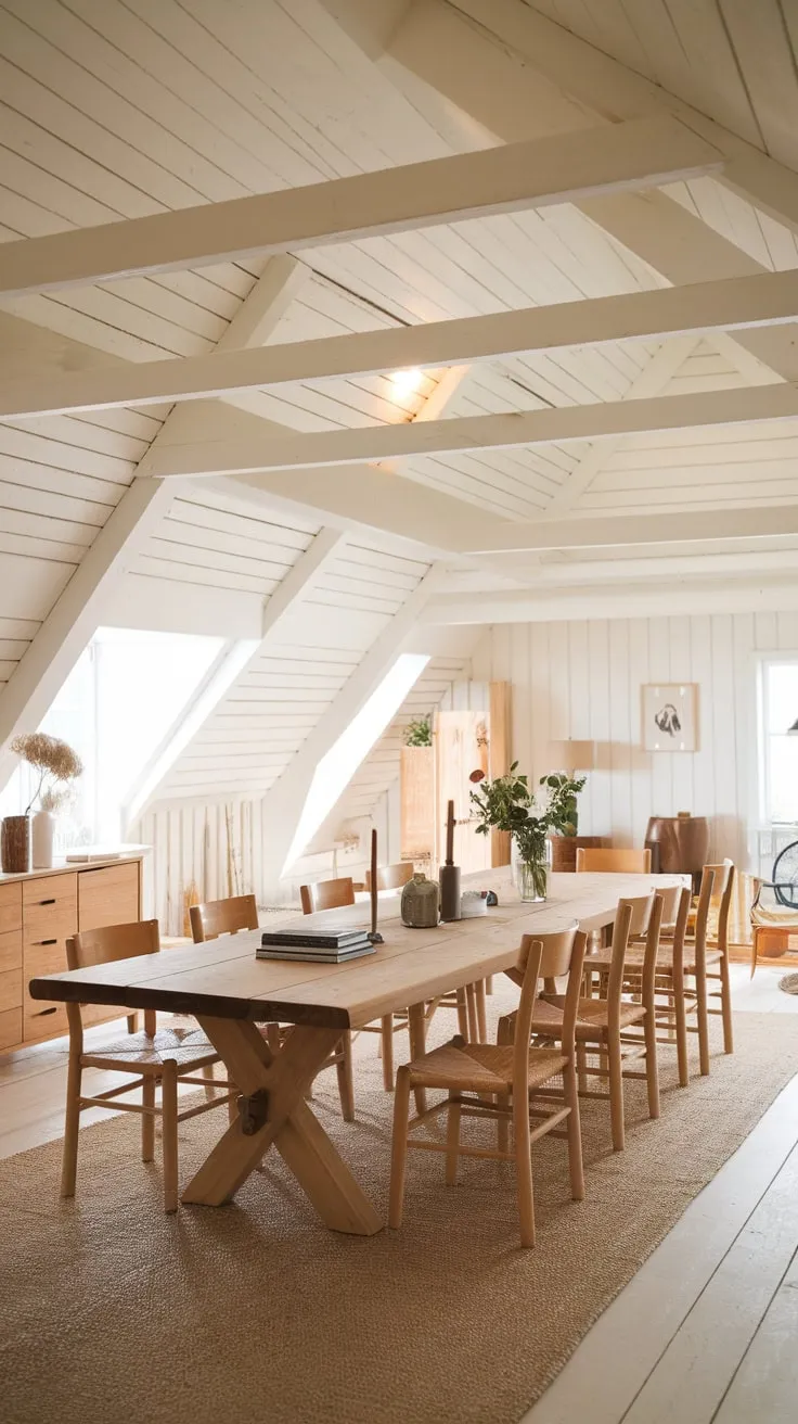 A spacious farmhouse dining room boasts a magnificent wooden table surrounded by natural wood chairs under high beamed ceilings, creating a welcoming atmosphere.