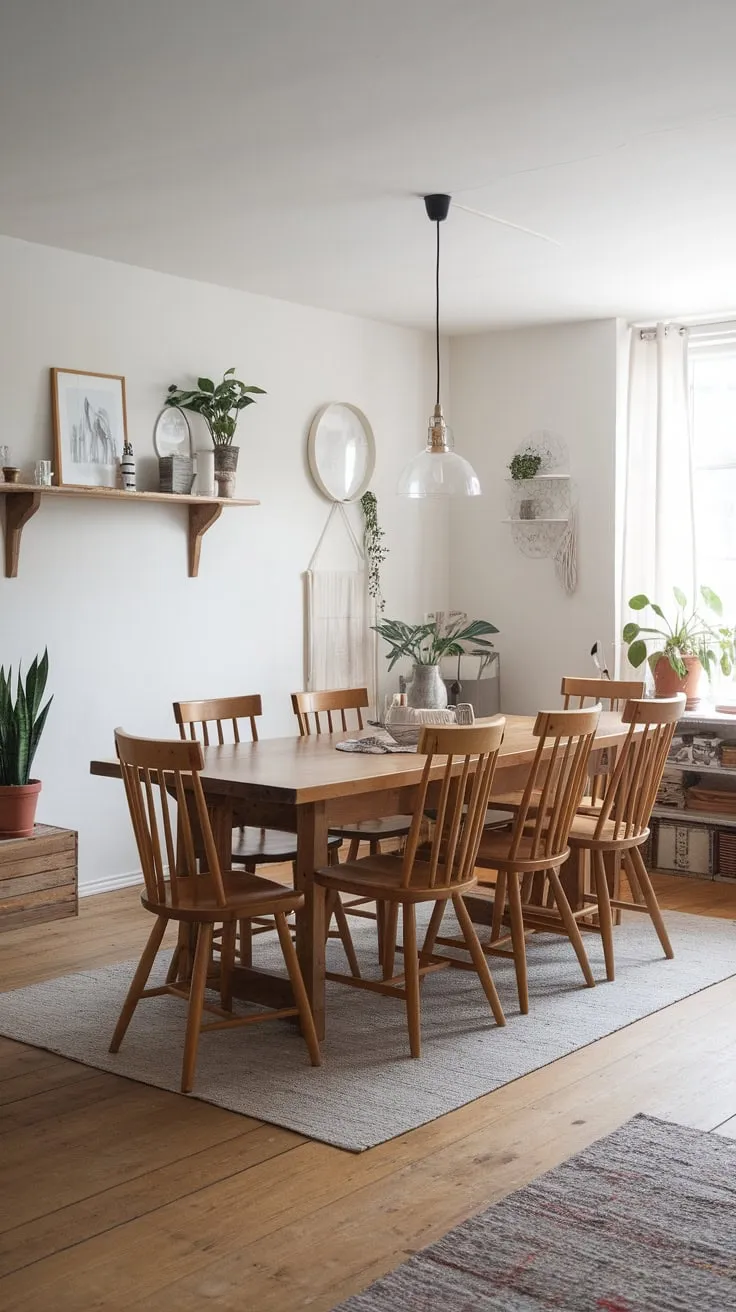A cozy Scandinavian farmhouse dining room features a large wooden table, perfect for gathering ten, surrounded by warmth and simple elegance.