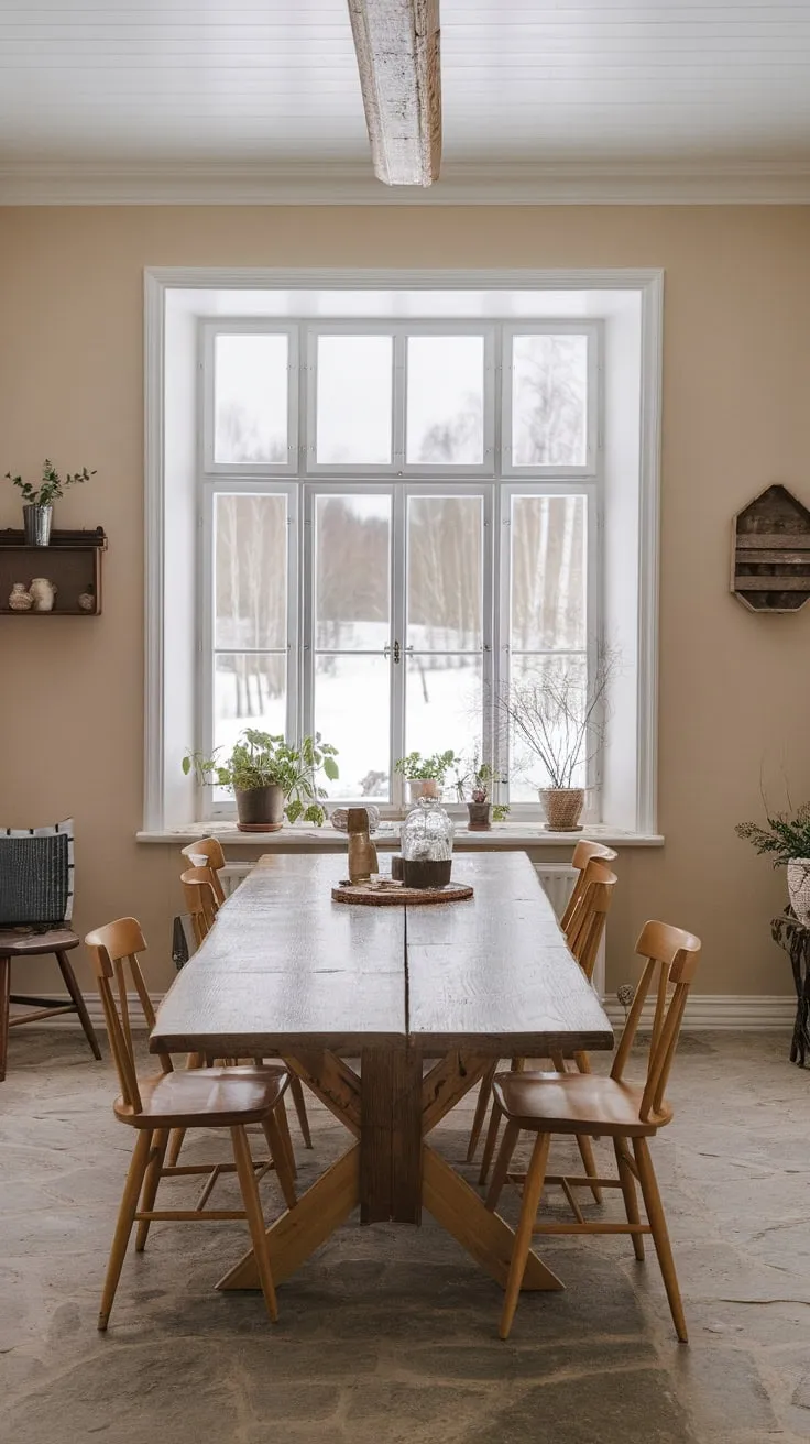 A sunlit Scandinavian farmhouse dining room features a wooden table, stone floor, and snowy landscape views, creating a serene and inviting space.