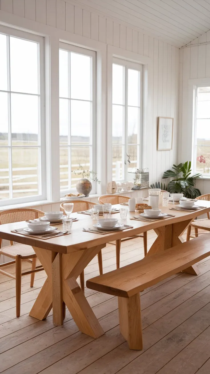 A spacious Scandinavian farmhouse dining room, bathed in natural light from floor-to-ceiling windows, features a large wood table set for ten and boasts a charming, inviting atmosphere.