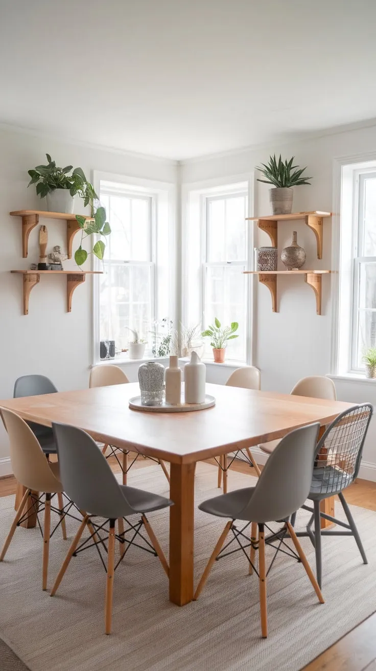A bright white farmhouse dining room features a large wooden table perfect for ten, accented by calming neutrals and verdant plants.