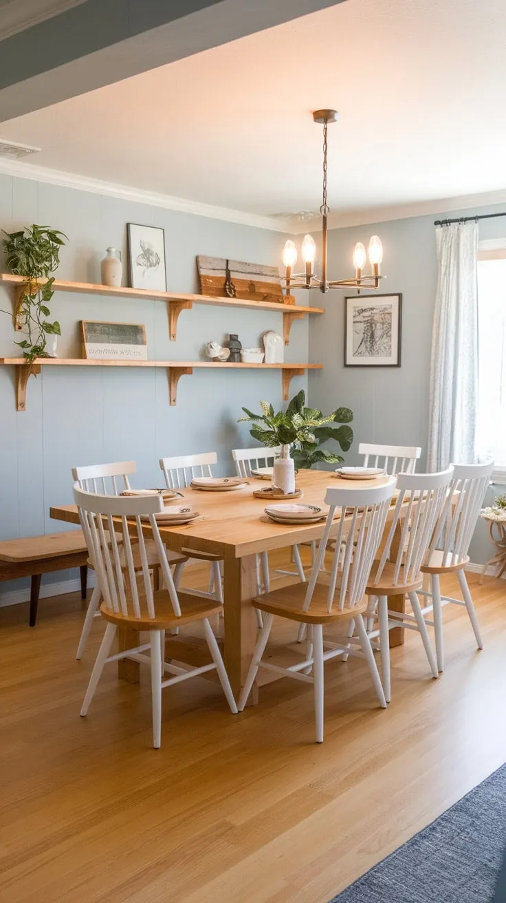 Warm light illuminates a spacious Scandinavian farmhouse dining room, where a large wooden table gathers ten around its inviting corner setting.