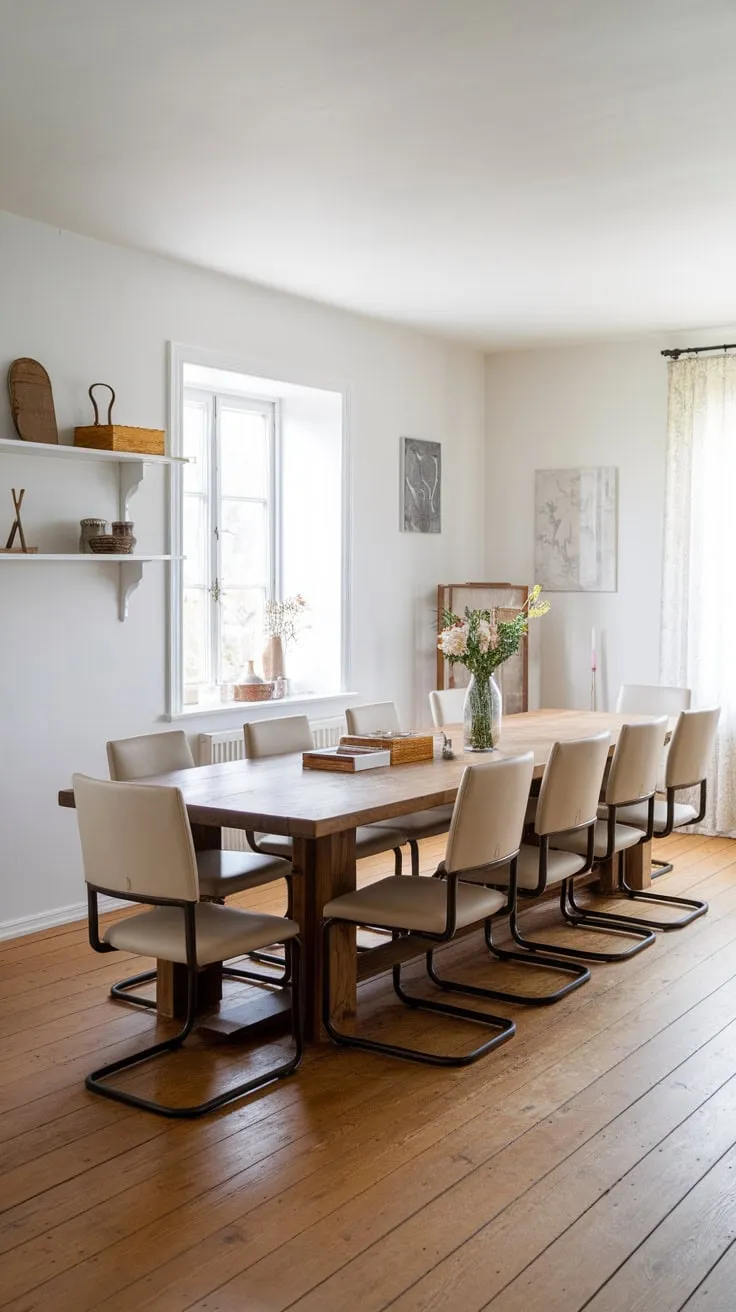 Ten chairs gather around a magnificent wooden table in a bright white farmhouse dining room, adorned with simple yet elegant décor.