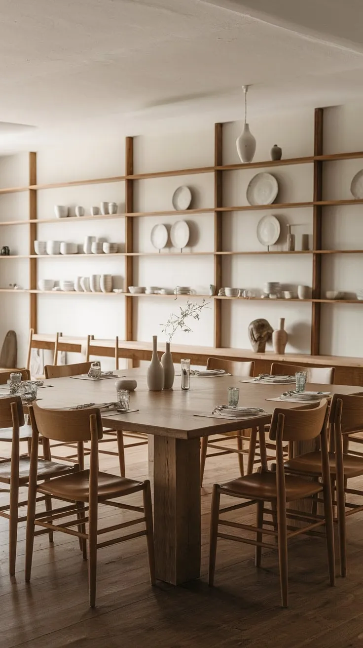 Warm light bathes a spacious Scandinavian farmhouse dining room, its large wooden table set for a ten-person feast surrounded by wooden chairs and charming details.