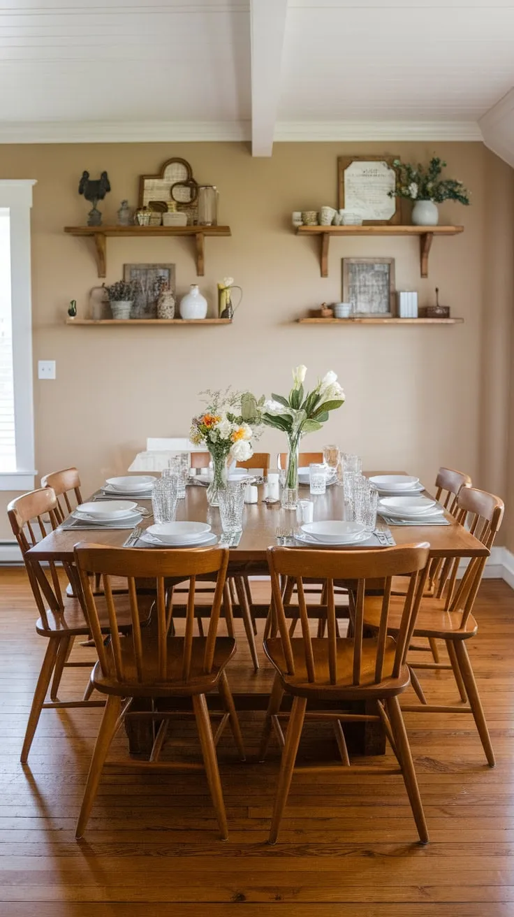 A large wooden farmhouse table, adorned with flowers and set for ten, anchors a warm beige dining room.