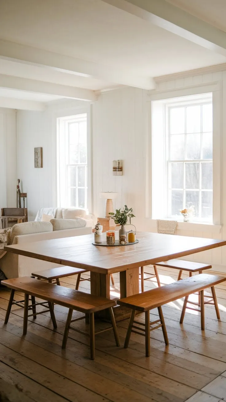 Sunlight streams into a spacious farmhouse dining room, illuminating a large wooden table perfect for ten.