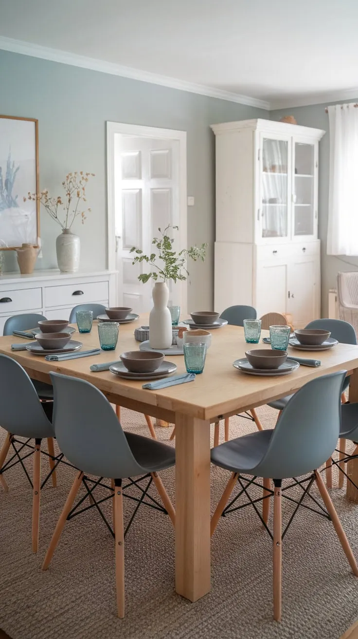 A serene Scandinavian farmhouse dining room features a large wooden table set for ten, complemented by soft blue walls and calming neutral tones.