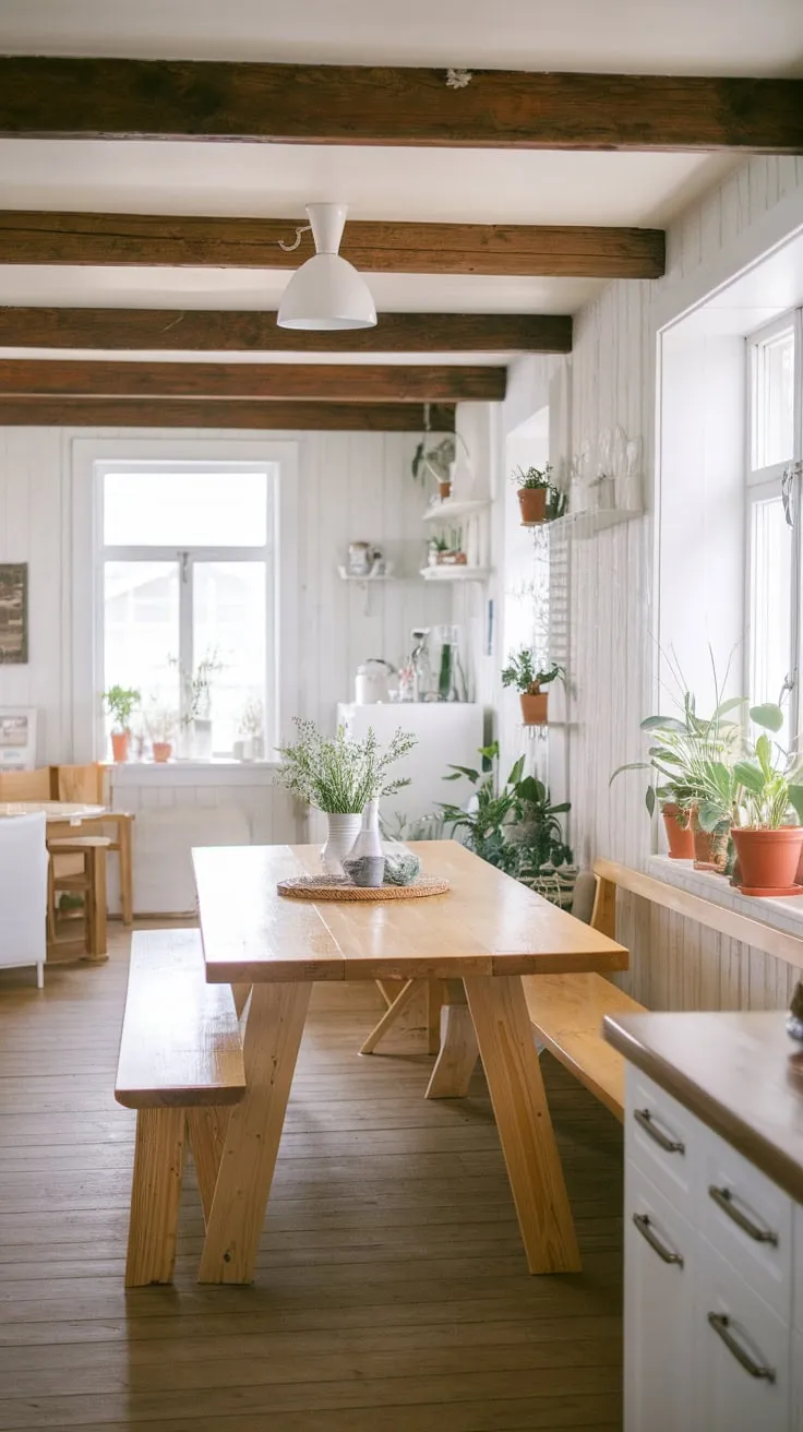 A charming Scandinavian farmhouse kitchen boasts a large wooden table seating ten, surrounded by simple decor and natural light.