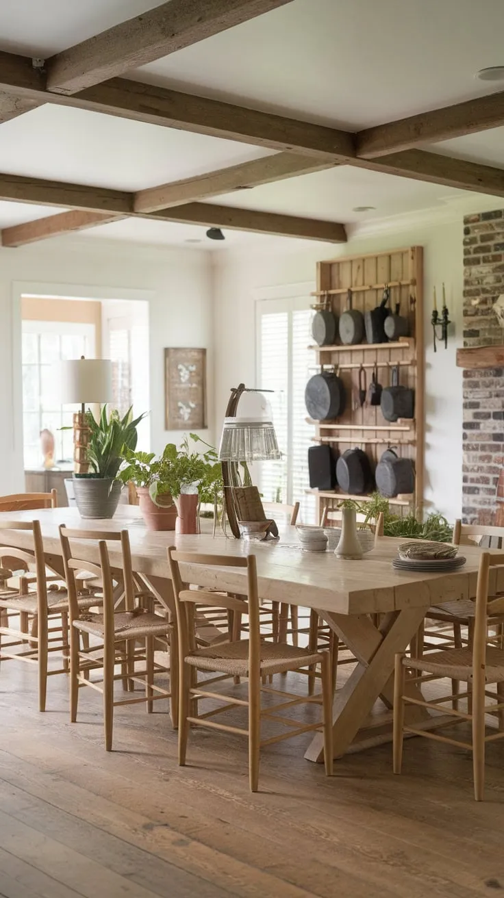 A large, weathered wooden table anchors a charming farmhouse dining room, complete with exposed beams, a brick fireplace, and woven-seat chairs, creating a warm and inviting space for gatherings.