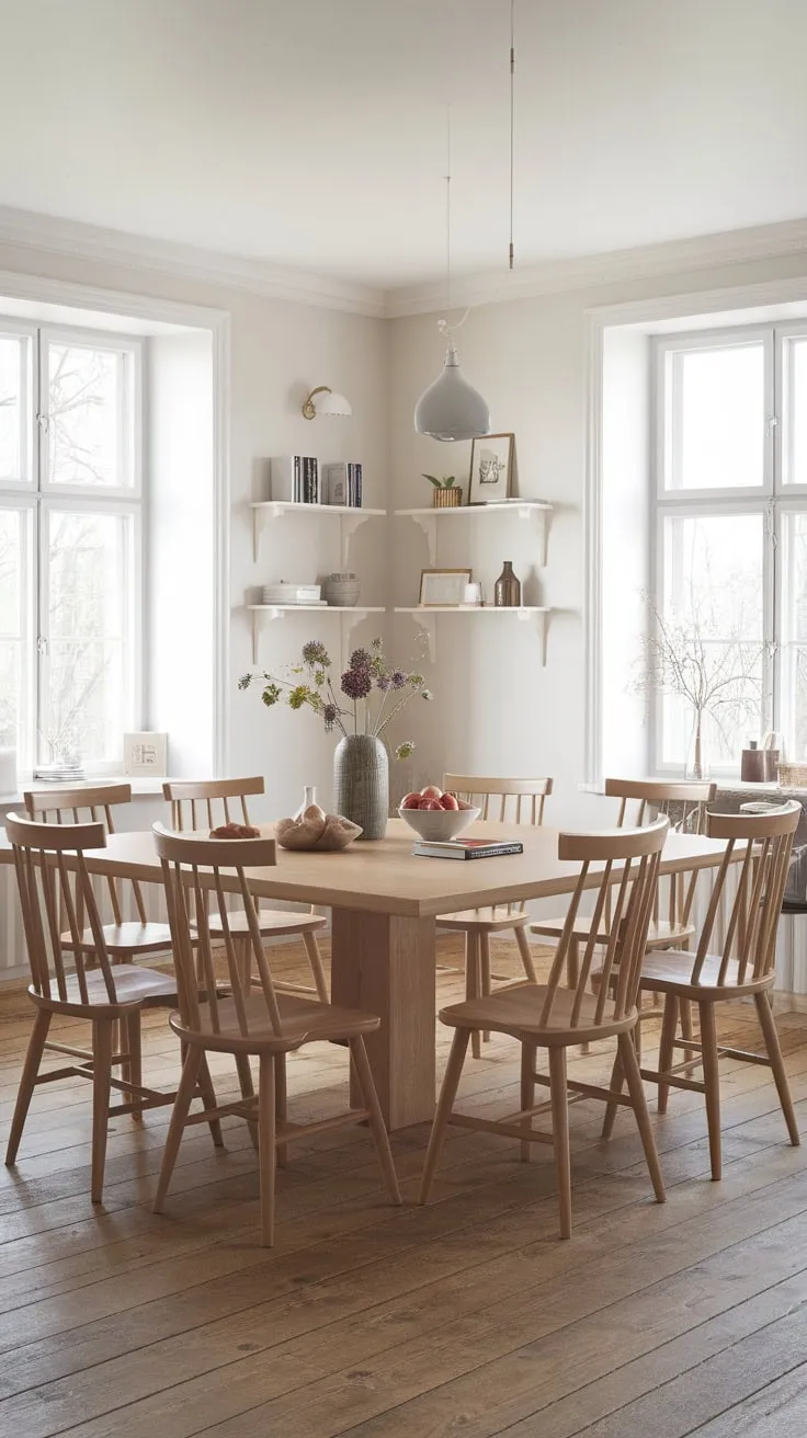 Sunlight streams into a charming Scandinavian farmhouse dining room, illuminating a large wooden table laden with simple decorations and surrounded by ten chairs.