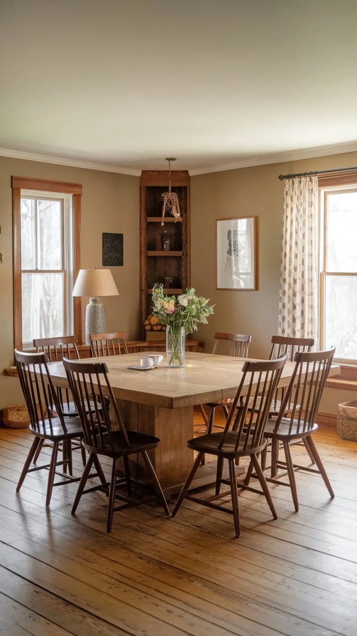 A cozy farmhouse dining room, bathed in natural light, features a large wooden table perfect for ten, creating a warm and inviting atmosphere.