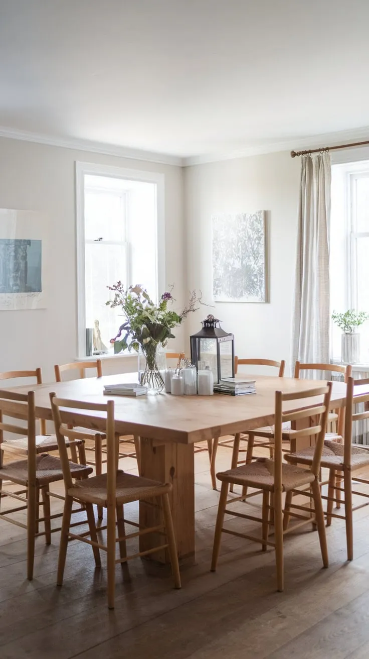 A spacious Scandinavian farmhouse dining room boasts a large wooden table, adorned with flowers and books, inviting ten guests to gather.