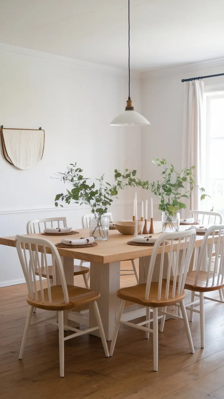 Ten white chairs gather around a substantial square wooden table in a bright white farmhouse dining room, creating a warm and inviting atmosphere.