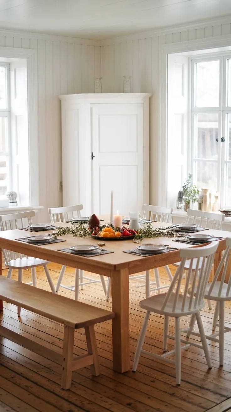 Sunlight streams into a Scandinavian farmhouse dining room where a large wooden table, set for ten, is adorned with greenery and fruit.