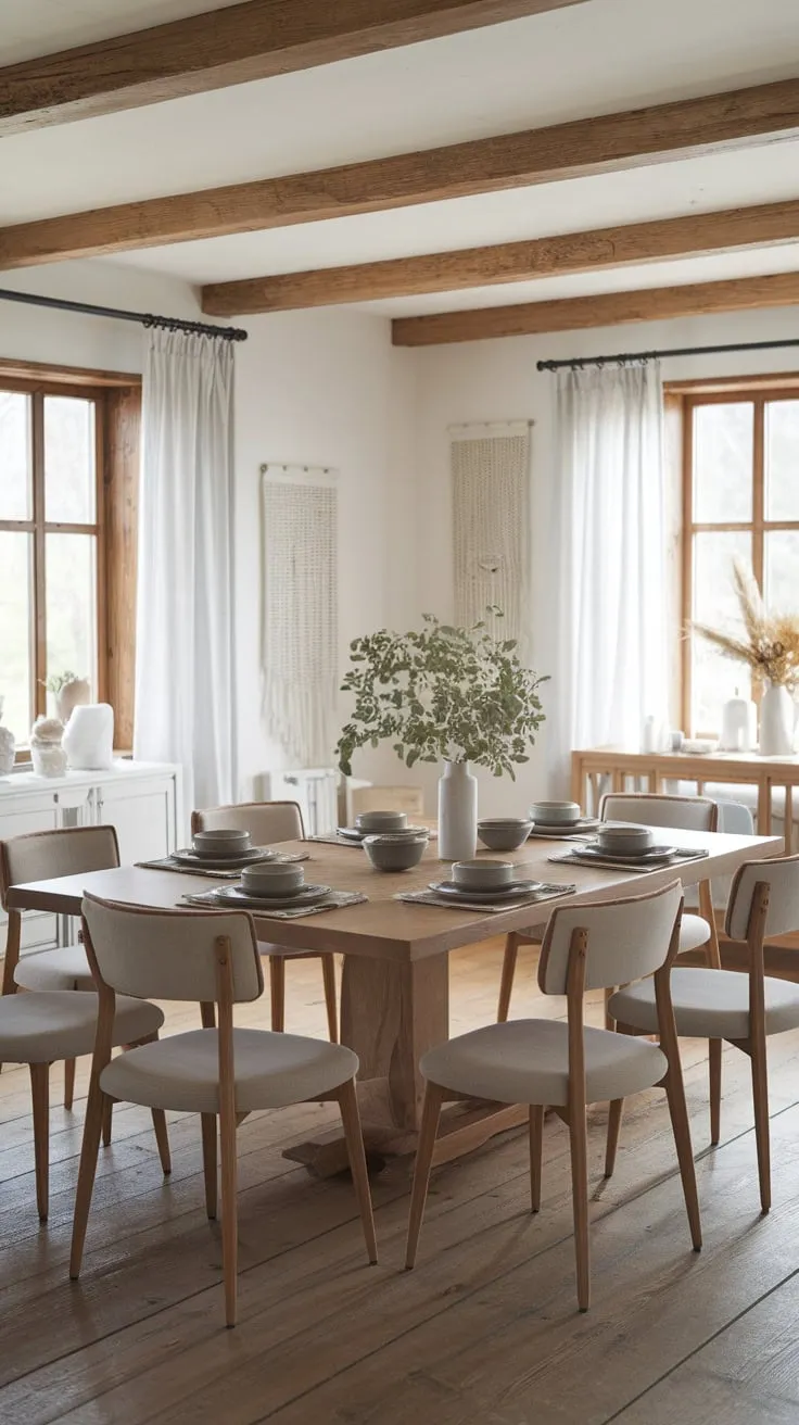 A spacious Scandinavian farmhouse dining room features a large wooden table set for ten, bathed in natural light and accented with simple, elegant décor.