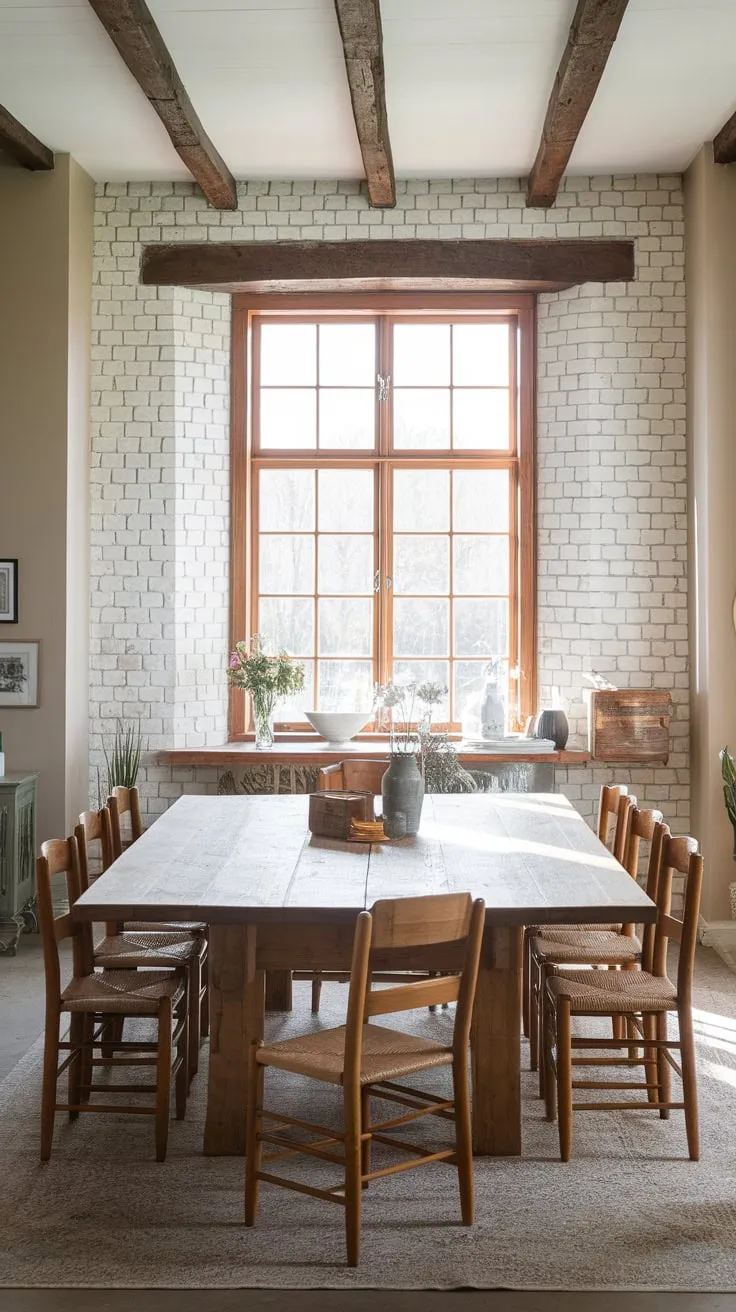 Natural light floods a charming Scandinavian farmhouse dining room, where a large wooden table comfortably seats ten beneath a beamed window and beige walls.