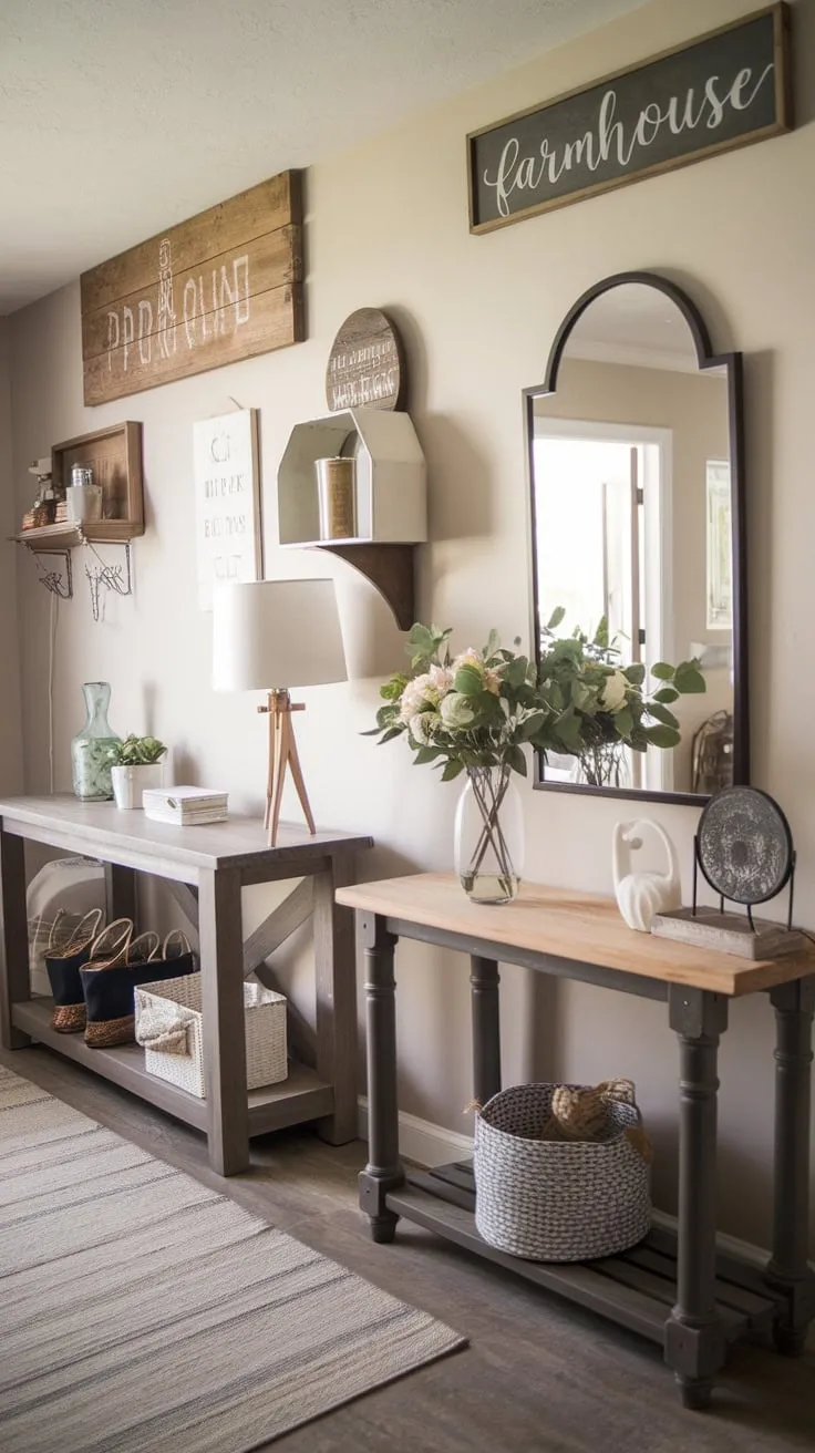 A charming modern farmhouse entryway boasts handcrafted furniture, decorative accents, and a welcoming atmosphere.