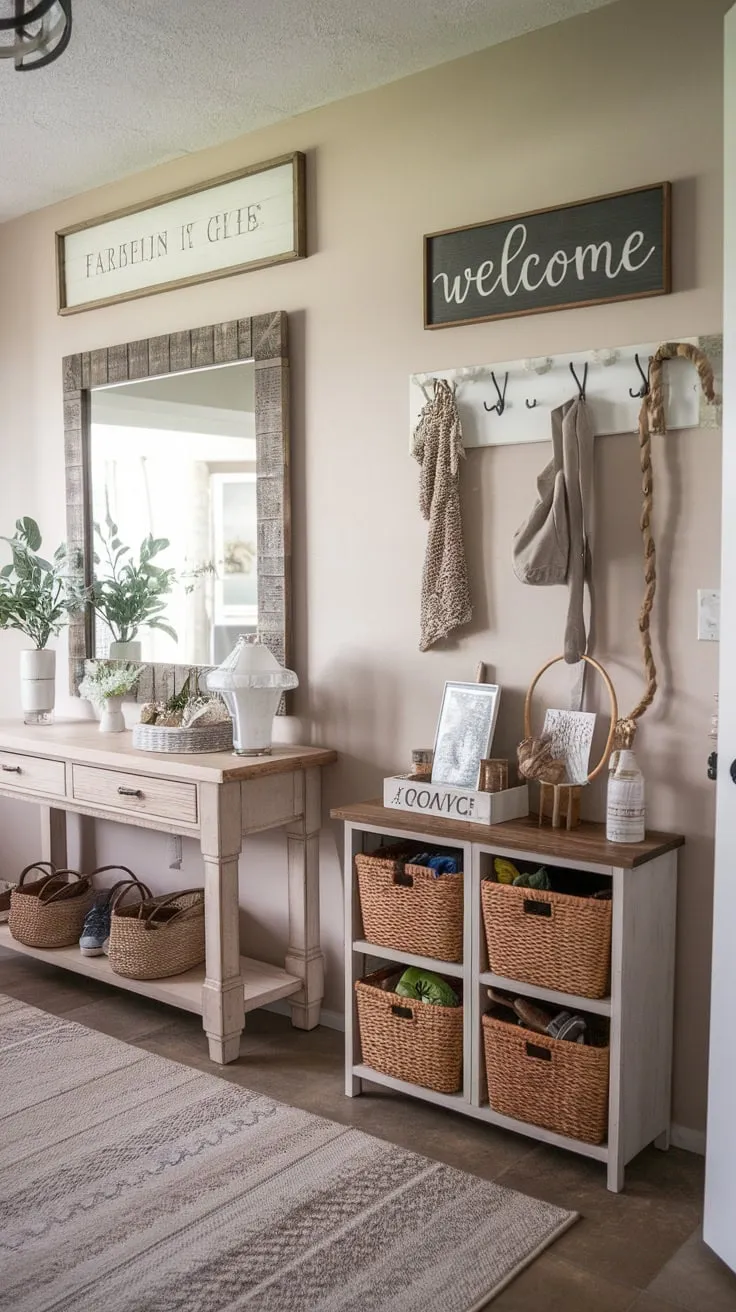 A welcoming farmhouse entryway boasts a stylish console table, decorative wall art, and a cozy rug, creating a modern farmhouse aesthetic.
