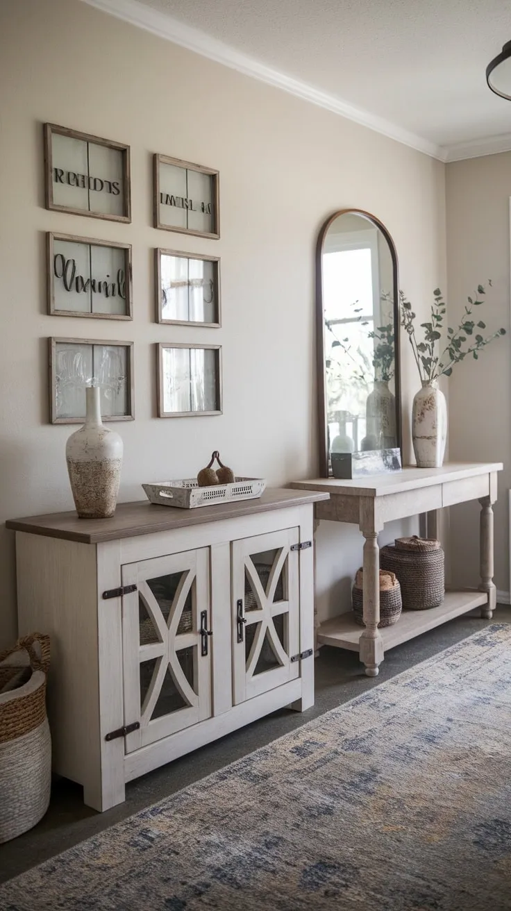 A charming modern farmhouse entryway boasts a console table, hall table with mirror, and stylish farmhouse decor creating a welcoming atmosphere.