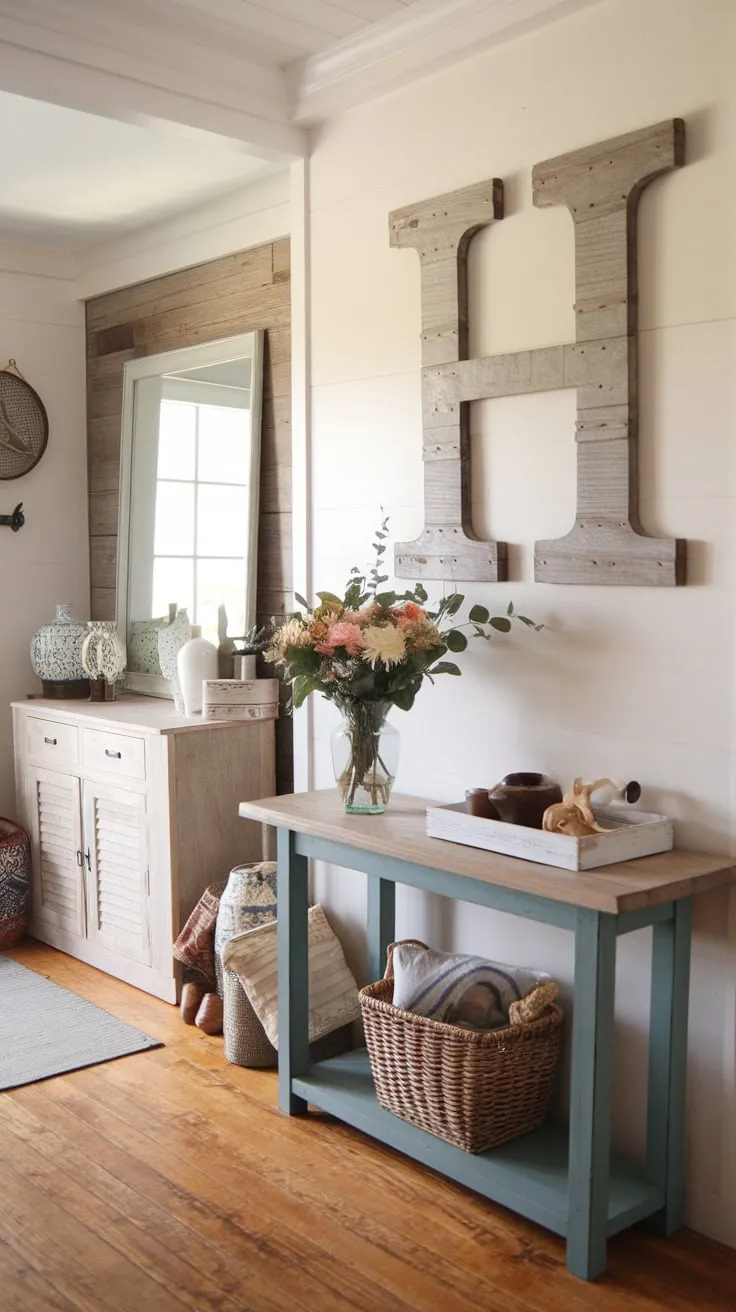 A charming farmhouse entryway boasts a console table, hall table with mirror, wooden wall decor, and a handmade entry table, all set against a backdrop of wood flooring.