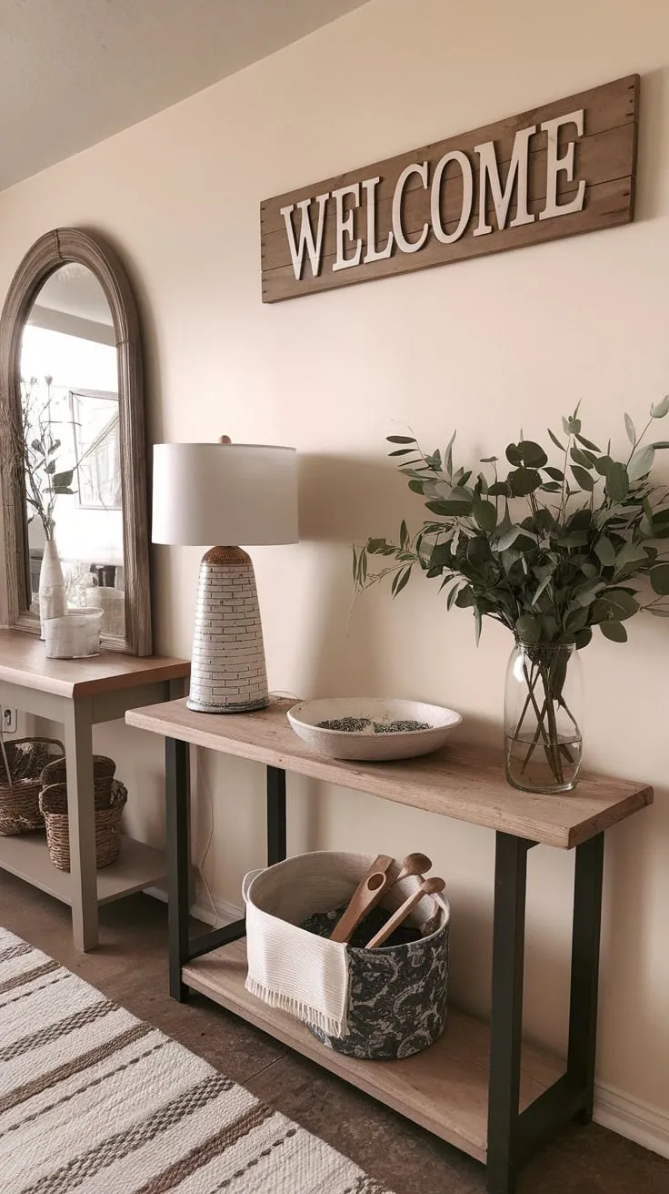 A charming farmhouse entryway welcomes guests with a console table, hall table, and handmade details creating a cozy and inviting atmosphere.